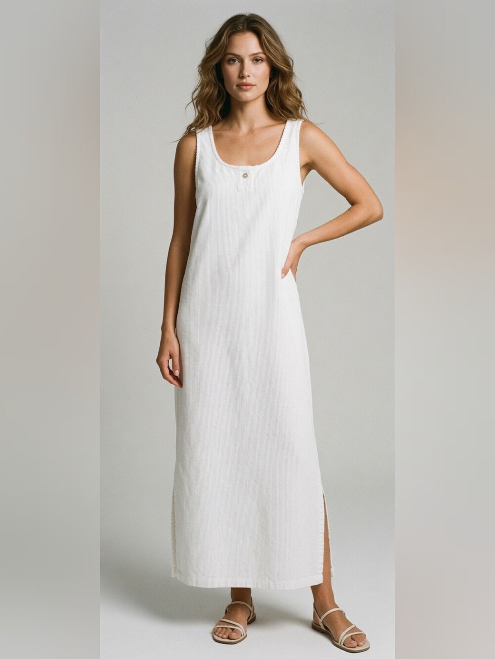 Vintage Cotton‎ Connection Corduroy Maxi Dress White  Medium Beachy Angelcore
